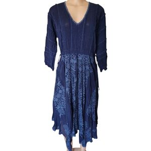 Johnny Was XS Navy Embroidered Boho Lagenlook Midi Dress Long Sleeve Peasant...